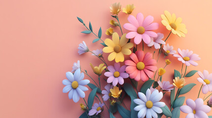 Bunch of colorful flowers isometric view against pastel colors background. summer aesthetic concept.