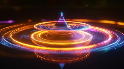Fototapeta premium Glowing rings circle a spinning cone shape.