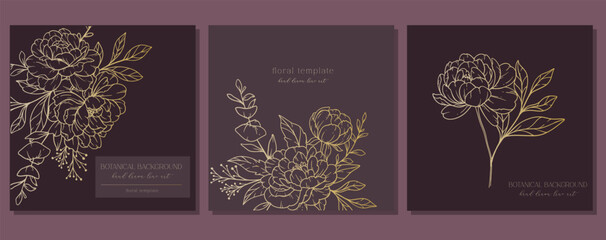 Peony Flowers Outline. Line Art Peonies. Gold Botanical Background with trendy minimalist peonies. Luxury Floral Line Art Illustration. © Xenia