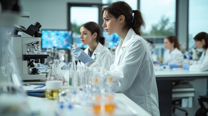 Two women scientists of diverse ethnic backgrounds conduct experiments in a modern laboratory filled with advanced equipment and glassware.