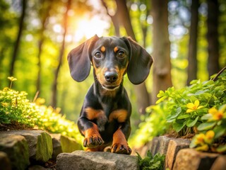 Spring sunshine illuminates a cute black tan dachshund pup amidst forest greenery.