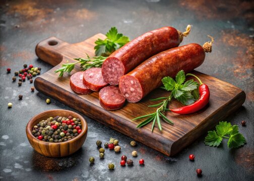 Spicy herb and pepper sujuk sausage:  A mouthwatering side view showcasing its deliciousness.
