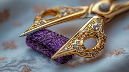 Ornate Embroidery Scissors with Thread on Fabric