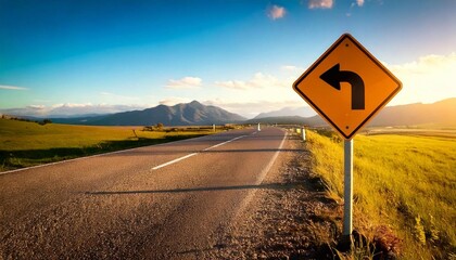 Scenic view of a left turn road sign on a rural landscape during golden hour