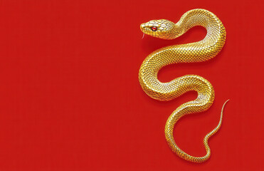 Obraz premium Golden snake on vibrant red background, symbolizing prosperity and luck