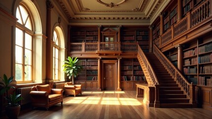 Fototapeta premium Grandiose Wooden Library with Sunlight Streaming Through Tall Windows and Two Armchairs