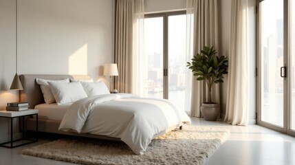 Serene Minimalist Bedroom Interior Design Featuring a Plush Bed, Soft Lighting, and Floor-to-Ceiling Windows