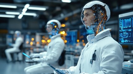 A futuristic lab scene featuring android scientists engaged in technology and research, showcasing innovation and advanced tools in a high-tech environment.