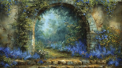 A beautifully overgrown stone archway leads into a vibrant garden filled with colorful flowers and lush greenery, creating a serene