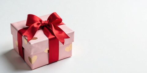 Obraz premium A Pink Gift Box with a Red Ribbon Bow, Adorned with Golden Hearts, Ready for a Special Occasion