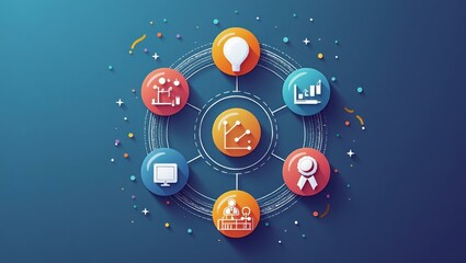 Business icons in colorful circles connected by lines, illustrating teamwork and innovation, ideal for presentations, marketing, and technology concepts, on a dark blue background with confetti accen