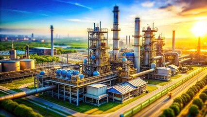 Fototapeta premium Tilt-shift photography captures a daytime ammonia plant's cooling system; miniature nitrogen fertilizer production in action.