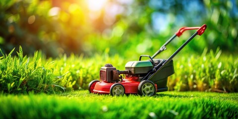 Tilt-shift miniature: a red and black diecast lawnmower mowing green grass.  A fun outdoor toy.