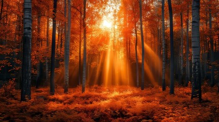 Golden autumn sunlight streams through a dense forest of birch trees, illuminating the vibrant red and orange foliage on the ground.