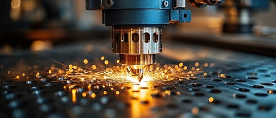 A laser cutting machine in action, producing sparks while cutting metal sheets.