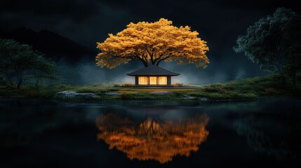 A Majestic Tree with Vibrant Yellow Leaf Standing Tall Against a Clear Blue Sky Evoking Feelings of Autumn Serenity and Natural Beauty in the Landscape