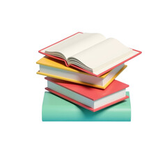 stack of colorful books with an open book on top against a light blue backdrop