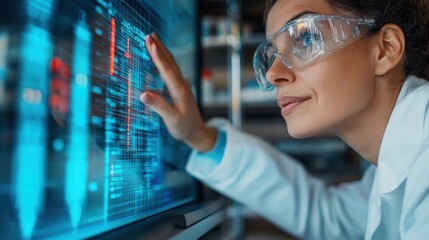 A young woman of European descent wearing a lab coat and safety goggles, interacting with a digital display in a modern laboratory setting.