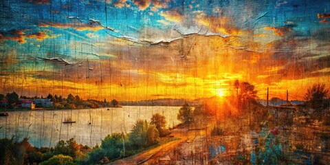 Vintage painting with double exposure effect; aged fabric, grunge background, old master feel, textured artistic overlay.