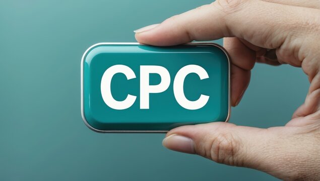 CPC text title in center and click button fee pay ad charge cost in teal white silver colors