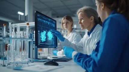 Three women scientists, of diverse ethnicities, are engaged in discussion in a modern laboratory, analyzing data on a computer screen.