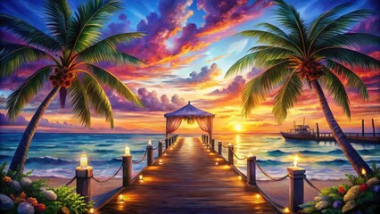 Fototapeta premium Watercolor captures a dreamy night wedding scene: sunset, palm tree silhouette, rustic dock.