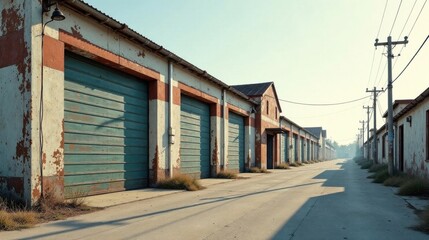 Row of aged industrial buildings with weathered garage doors and utility poles along a paved road