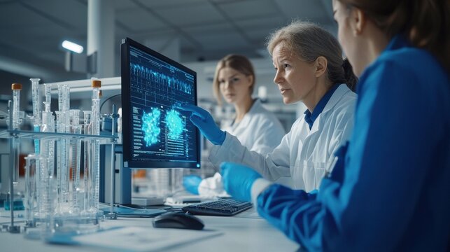 Three women scientists, of diverse ethnicities, are engaged in discussion in a modern laboratory, analyzing data on a computer screen.