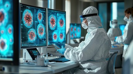 A focused scientist in protective gear reviews data on multiple screens showing viruses in a modern laboratory. The individual is engaged in crucial research.