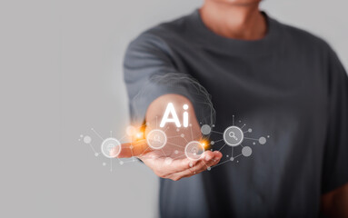 Man using technology smart robot AI, AI technology, analyze customer data, business and technology, new digital communication online computer bot.