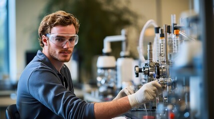 A young European male scientist works diligently in a laboratory, wearing safety goggles and gloves while conducting an experiment at a high-tech workstation.