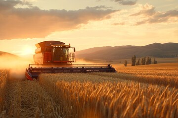 Fototapeta premium A combine harvester working in a vast wheat field at sunset, with golden light reflecting off the machinery