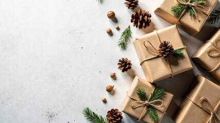 Rustic Wrapped Gifts with Pine Cones and Evergreens on a Neutral Background for a Festive Holiday Season