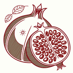 Artistic rendering of a whole pomegranate and half pomegranate with seeds