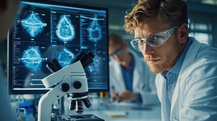 A european scientist examines a microscope in a modern laboratory while analyzing screens with complex data. He is dedicated to scientific research and discovery.