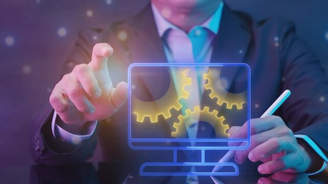 Computer service icon, technical support concept, call center and customer service. Business and technology concept. Businessman shows glowing neon line of computer service icon on virtual screen.