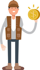Male Worker Character Holding Dollar Coin
