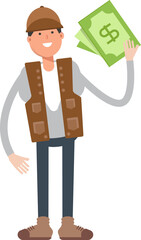 Male Worker Character Holding Dollar Banknotes
