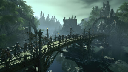 A Grim Army Marches Across a Foggy Bridge Towards a Distant Castle in a Dark Forest