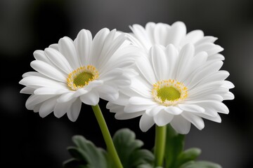 Fototapeta premium Beautiful white daisies blooming with vibrant yellow centers in a soft focus background