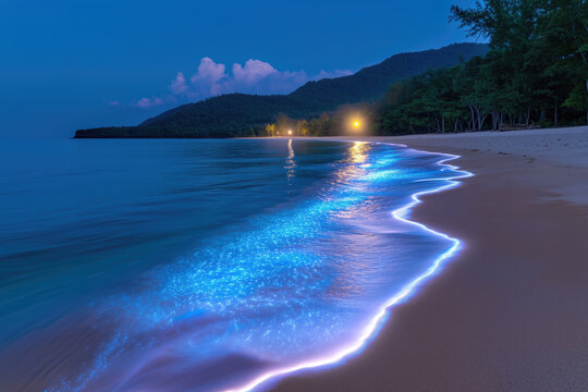 glow of the surf on a night ocean beach caused by bioluminescence - Powered by Adobe