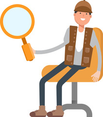 Male Worker Character Sitting and Holding Magnifier
