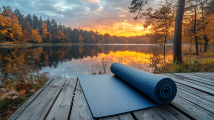 Yoga mat on wooden pier at lake in autumn forest at sunset