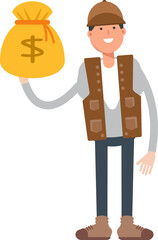Male Worker Character Holding Dollar Sack
