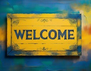 yellow welcome sign on grunge blue and yellow painted wall ideal for hospitality and welcoming related concepts