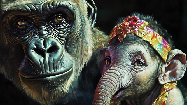 An and gorilla. Monkey, gorilla, baby elephant, small, circus,. Small baby elephant in circus. Small baby elephant monkey and gorilla in a circus. The image is a painting of a gorilla and a lifestyle.