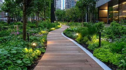 City park pathway, evening lights, green plants, urban oasis, landscape design