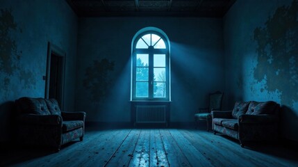 Fototapeta premium Mysterious ambiance of an aged room bathed in ethereal light, featuring antique furniture and weathered walls, a scene of quiet solitude