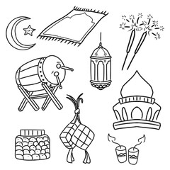 Hand-drawn moon, lantern, and traditional elements representing Ramadan and Eid al-Fitr celebrations.