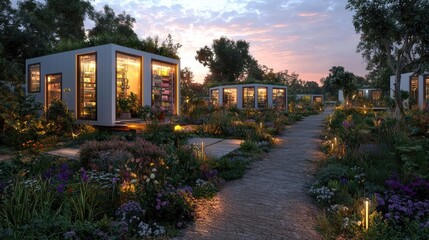 Fototapeta premium Eco-friendly modular homes at sunset, garden path